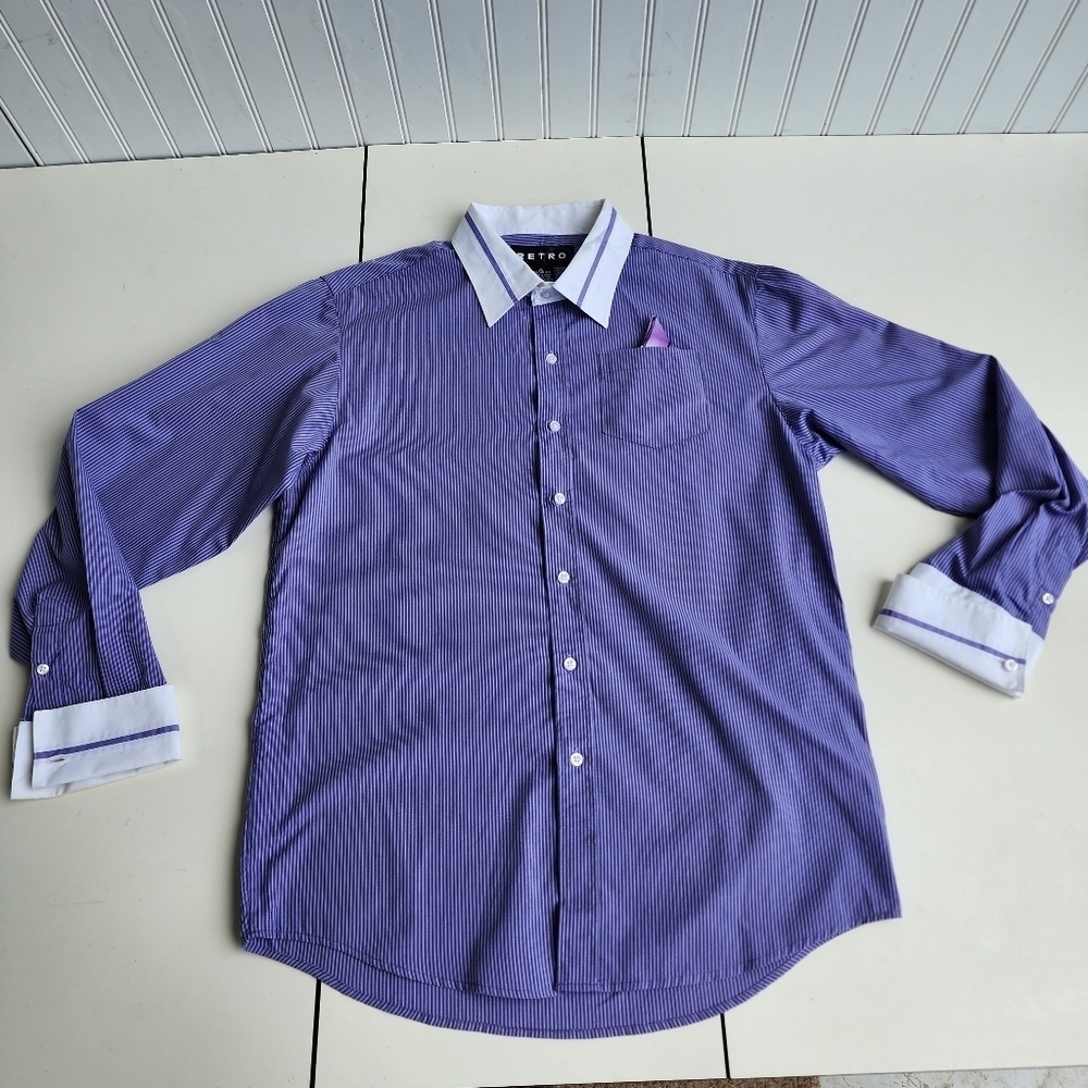 Retro Youth Boys Sz 20 Oxford Button Down Shirt Purple White Striped Buttons